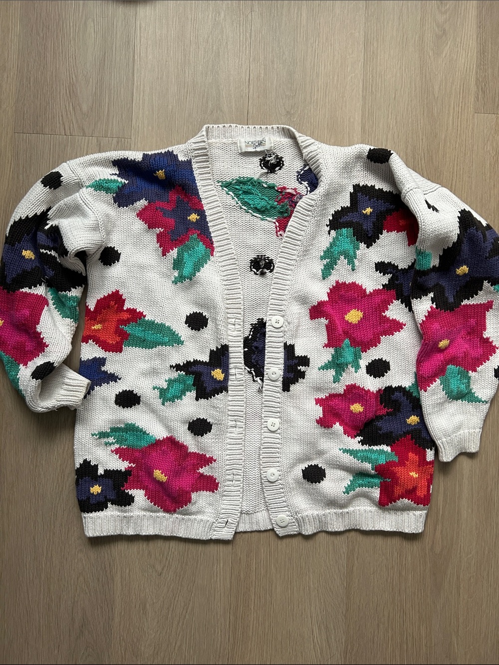 Floral Button-Up Knit Cardigan Sweater - White with Pink & Green Flowers